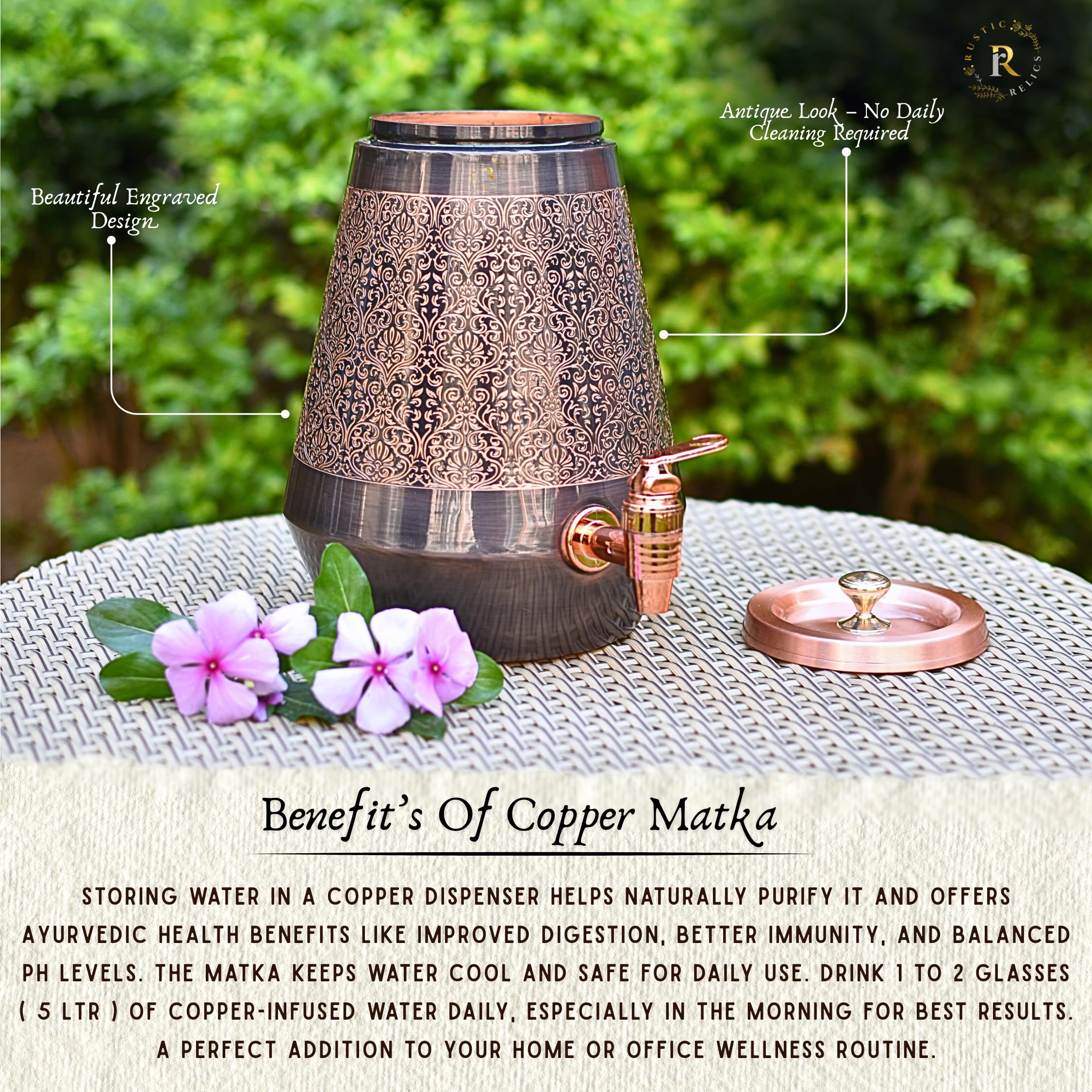 Rustic Relics Antique Copper Water Matka - 5L | With Eye Catching Embosed Engraving Design | Copper Water Storage Dispenser With